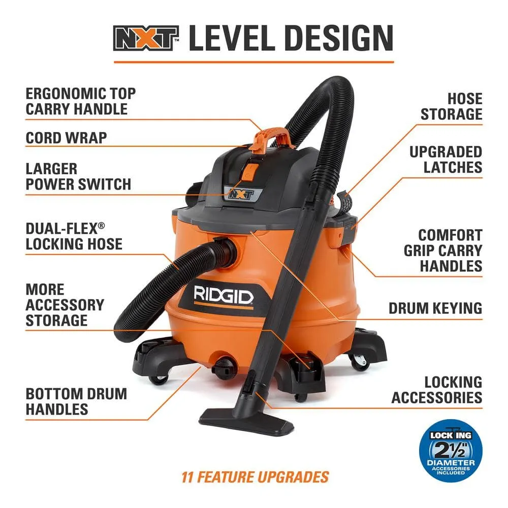 RIDGID 14 Gallon 6.0 Peak HP NXT Wet/Dry Shop Vacuum with Fine Dust Filter, Dust Bags, Hose, Accessories and Car Cleaning Kit HD1401A