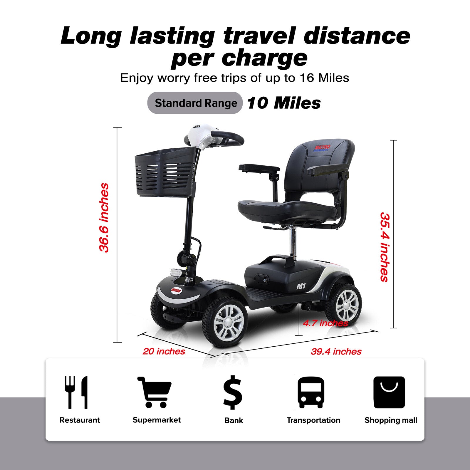 OVERDRIVE Four Wheels Compact Travel Mobility Scooter with 300W Motor for Adult-300lbs, Silver