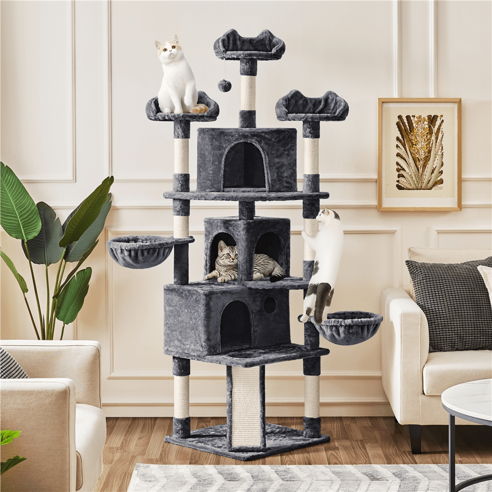 Easyfashion 76.5inch Large Cat Tree Tower with 3 Condos， Dark Gray