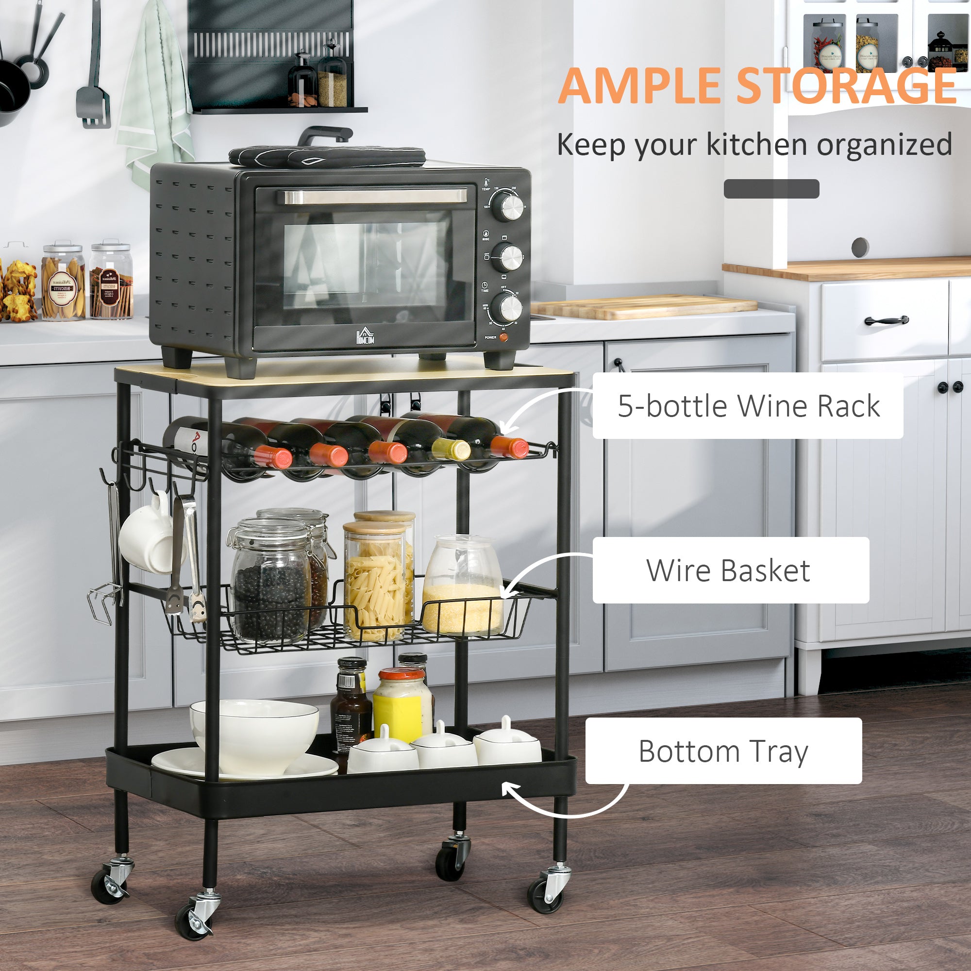 HOMCOM Rolling Kitchen Cart， 3-Tier Utility Storage Trolley with Wine Rack， Mesh Drawer and Side Hooks for Dining Room， Black/Natural