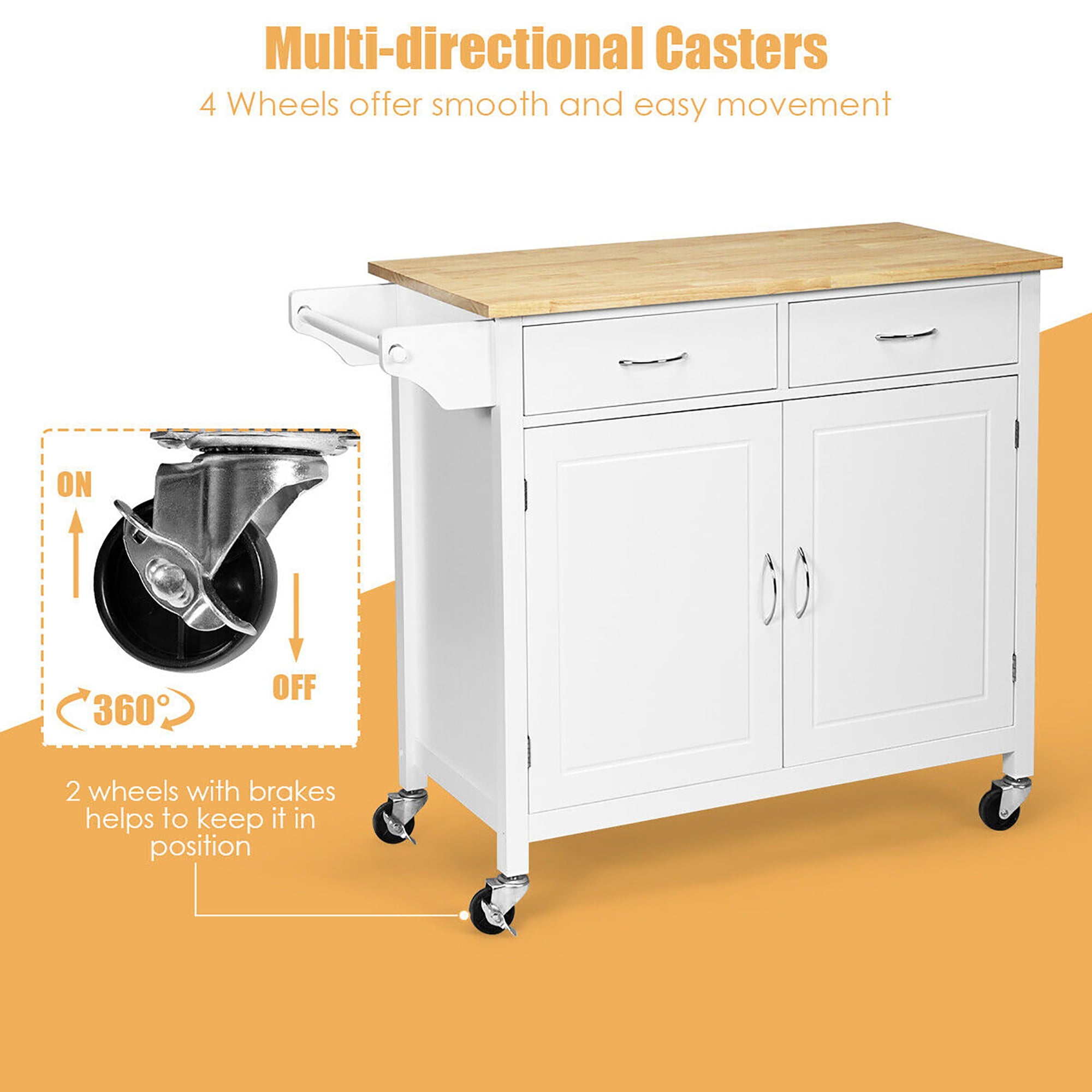 Costway Rolling Kitchen Cart Island Wood Top Storage Trolley Cabinet Utility Modern