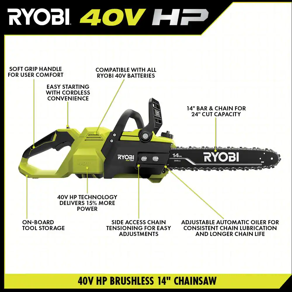 RYOBI RY405010BTL 40V HP Brushless 14 in. Cordless Battery Chainsaw (Tool Only)