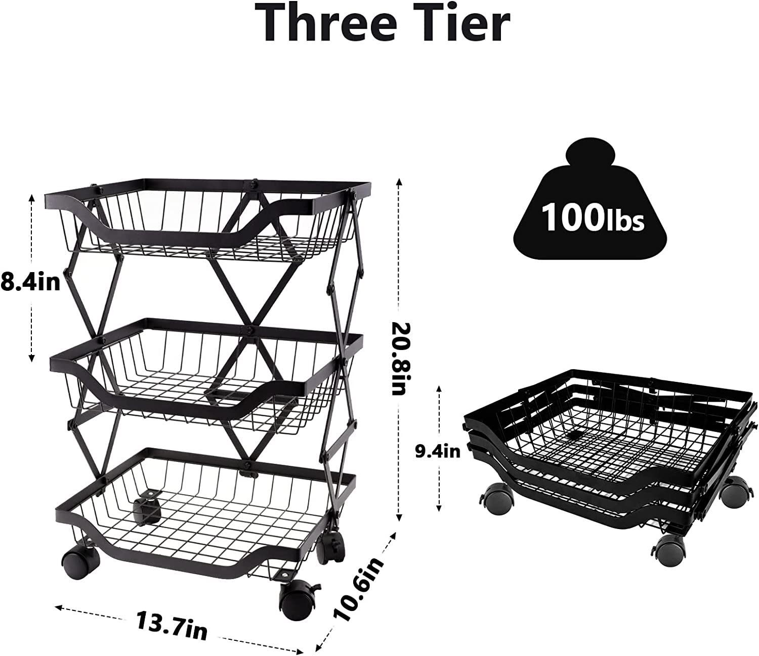 Fruit Basket for Kitchen - 3 Tier Basket Stand - Foldable Fruit and Vegetable Storage Cart with Detachable Wheels - Potato and Onion Storage - Basket Storage Tower for Kitchen， Pantry， Bathroom