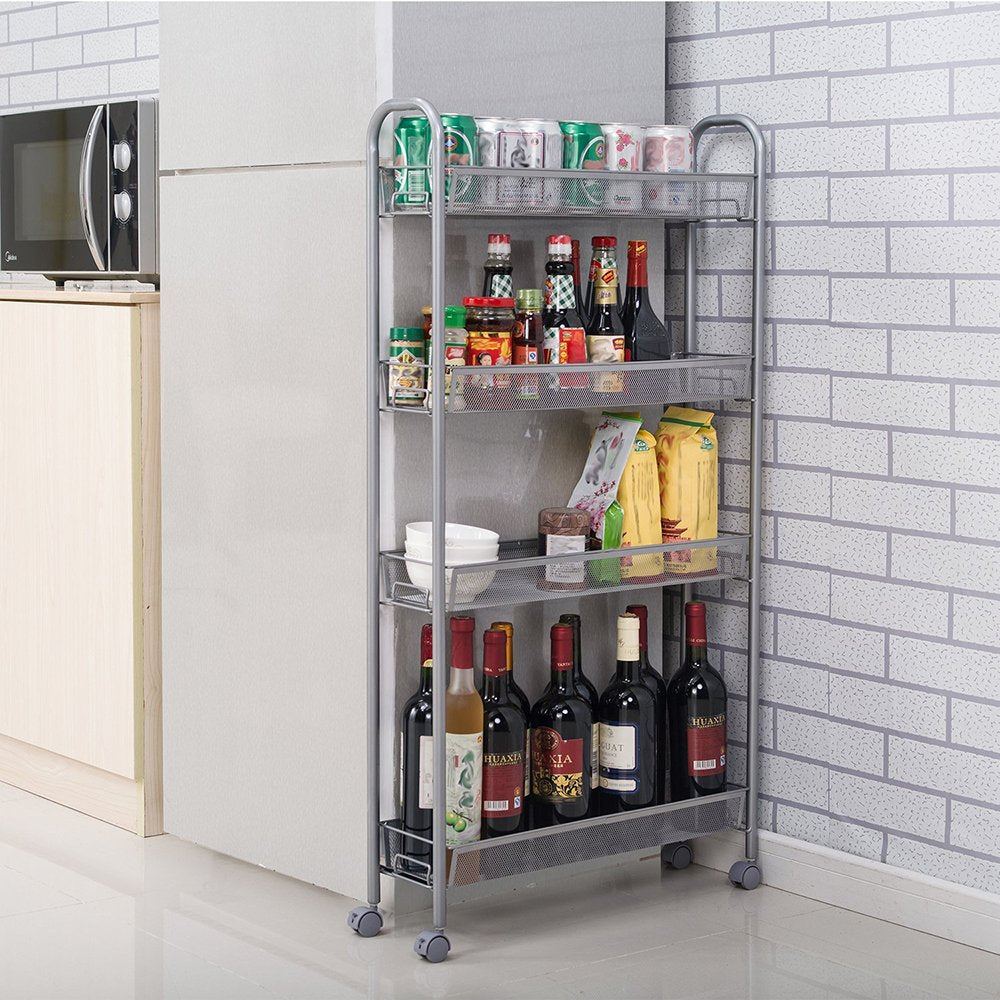 4-Tier Wire Metal Mesh Shelves， Heavy Duty Utility Rolling Cart Trolley， Slim Slide Out Storage Organizer Easy Moving Cart Shelving Units for for Kitchen Office Bedroom Bathroom Washroom， L2412