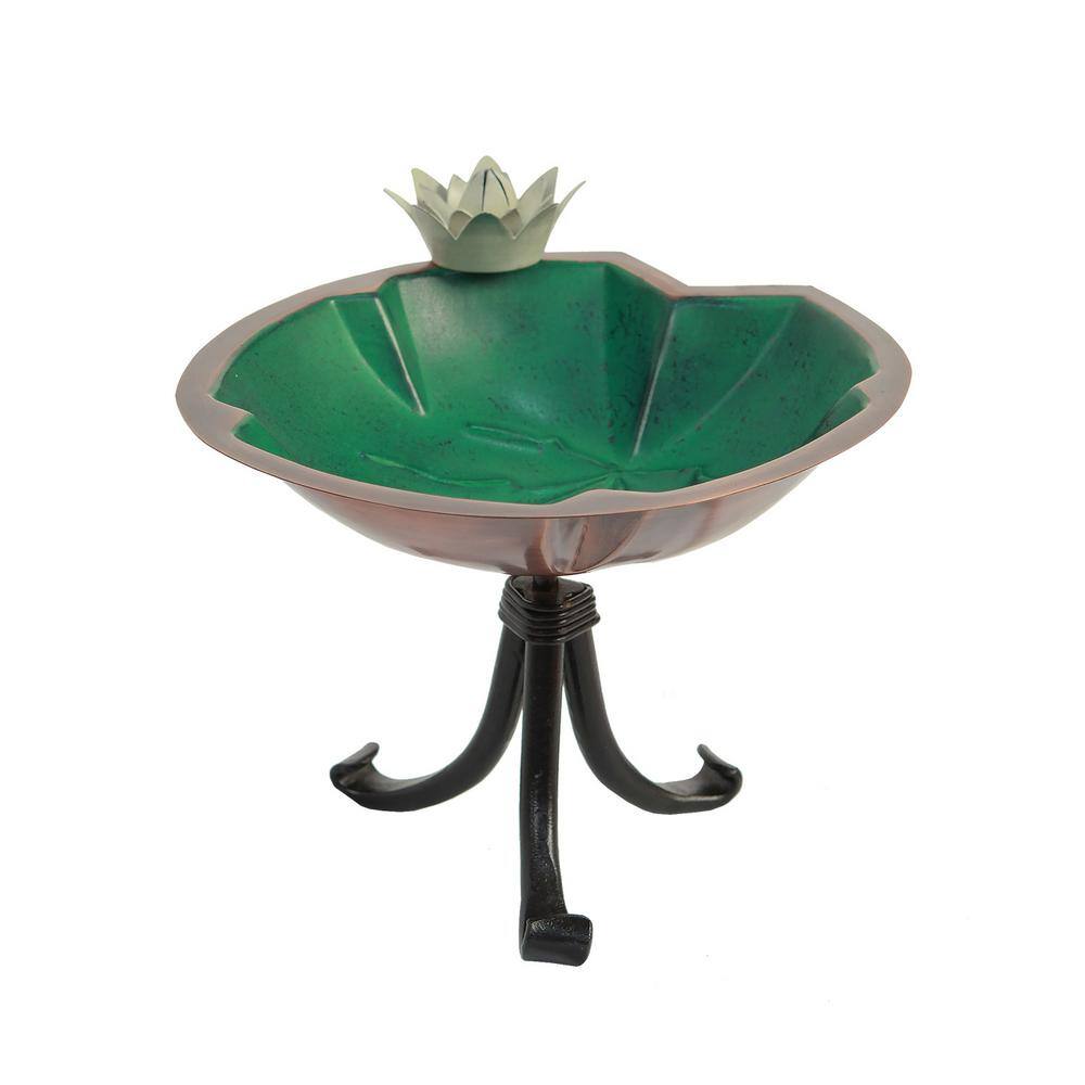 Achla Designs 10.25 in. Tall Antique Copper Plated and Colored Patina Lilypad Birdbath with White Flowers and Tripod Stand BB-10-TR