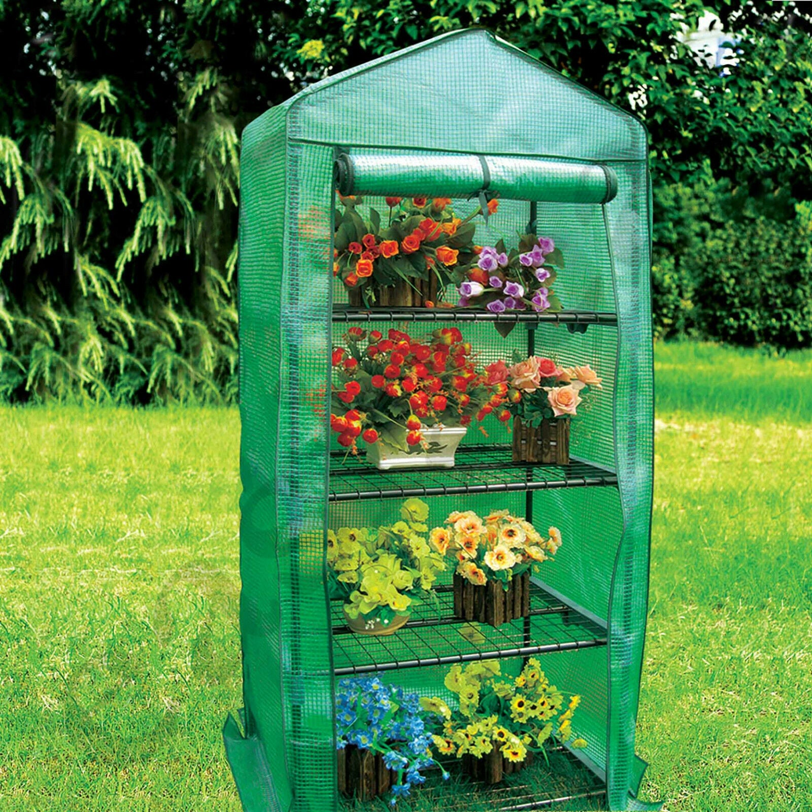 HomeDirect 4 Tier Mini Greenhouse with PE Cover and Roll-Up Zipper Door,26.97Lx19.29Wx62.99''H Small Garden Green House ,Indoor Outdoor Green House for Plants,Grow Seeds & Seedlings