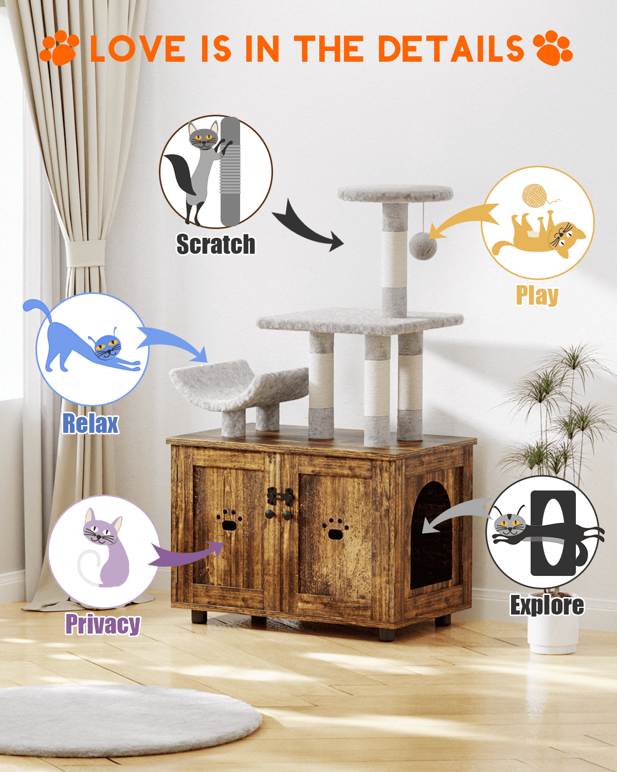 Lulive Cat Tree with Cat Litter Box Enclosure， All-in-one Cat House with Platform Scratching Post Condo， Brown