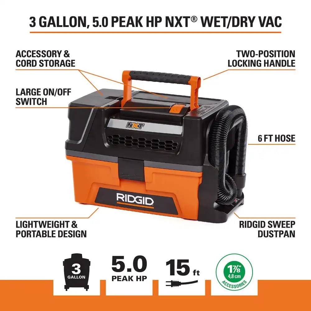 RIDGID 3 Gallon 5.0 Peak HP NXT Wet/Dry Shop Vacuum with Filter, Expandable Locking Hose and Accessories HD0300