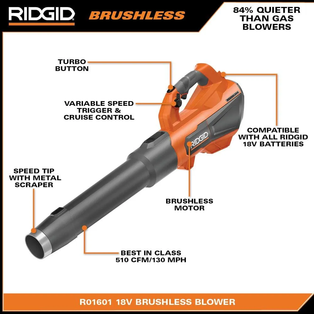 RIDGID 18V Brushless 14 in. Cordless Battery String Trimmer and Leaf Blower 2-Tool Combo Kit with 4.0 Ah Battery and Charger R019001