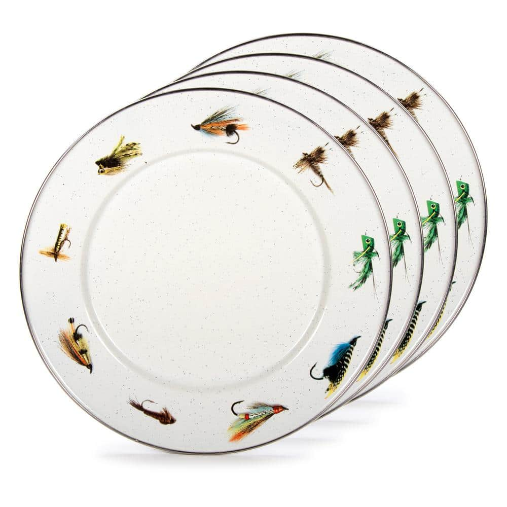 Golden Rabbit Fishing Fly 10.5 in. Enamelware Round Dinner Plates (Set of 4) FF07S4