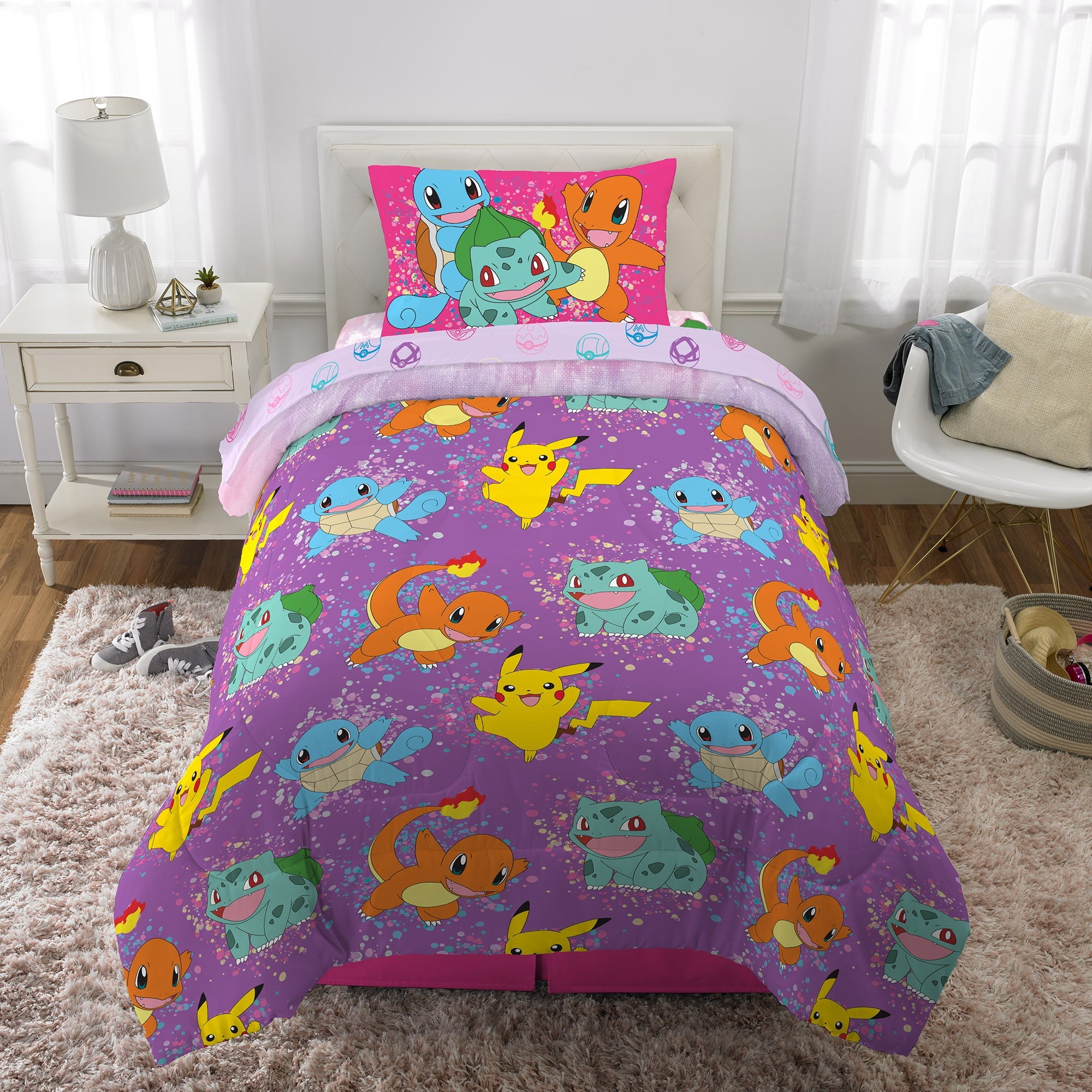 Pokémon Kids Twin Bed in a Bag, Tie-Dye, Gaming Bedding, Comforter and Sheets, Purple