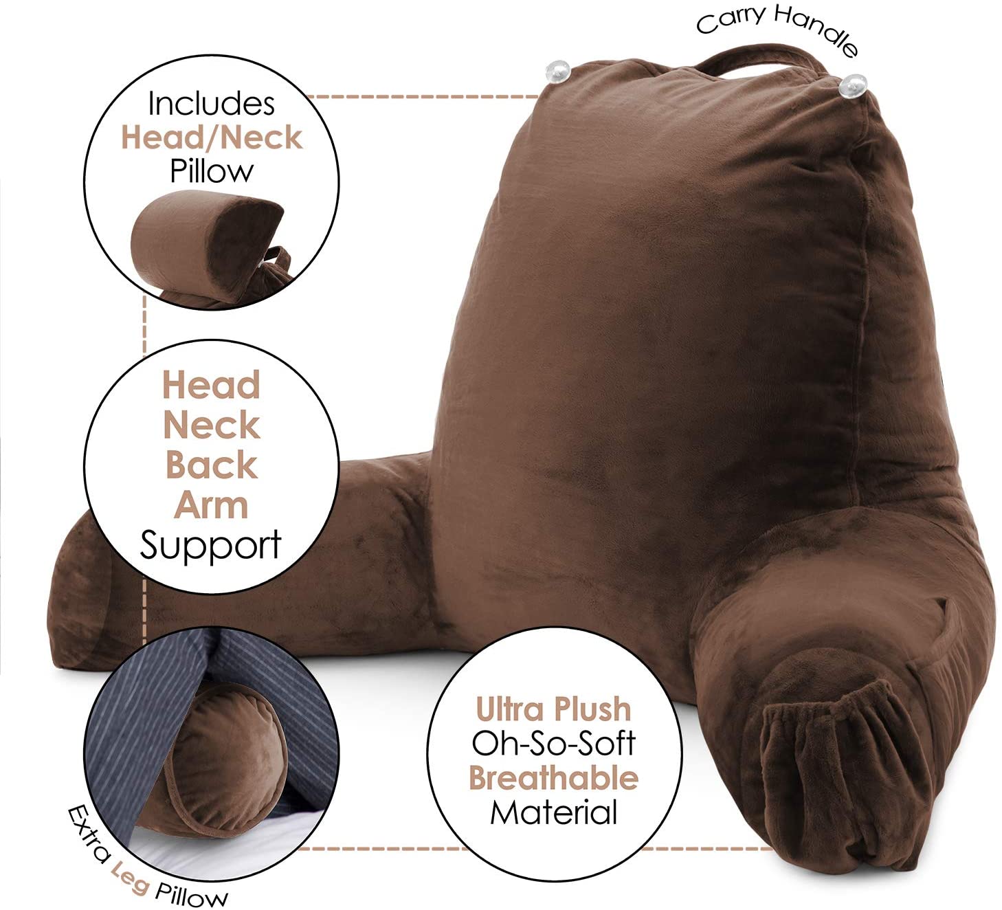 Nestl Reading Pillow, Extra Large Bed Rest Pillow with Arms – Premium Shredded Memory Foam TV Pillow, Detachable Neck Roll & Lumbar Support Pillow - Brown Chocolate