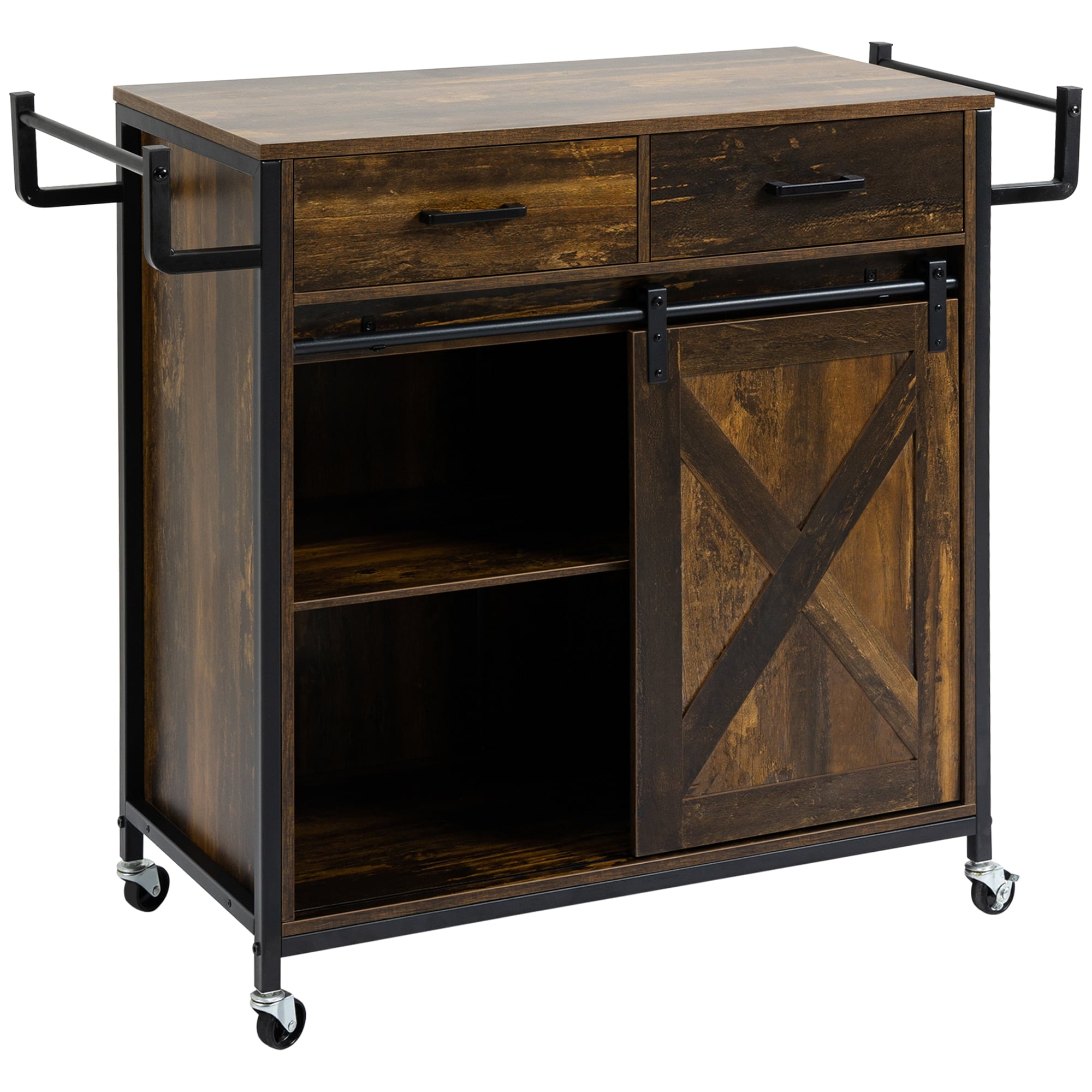 HOMCOM Rustic Farmhouse Kitchen Cart， Rolling Storage Island with Adjustable Shelf， Two Drawers， Sliding Barn Door Cabinet and Towel Rack， Rustic Brown