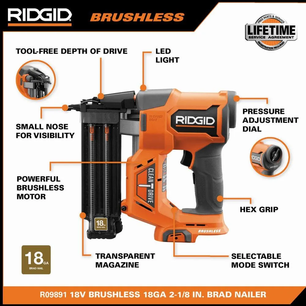 RIDGID 18V Brushless Cordless 18-Gauge 2-1/8 in. Brad Nailer with (2) 4.0 Ah Batteries, Charger, and Bag R09891B-AC93044SBN