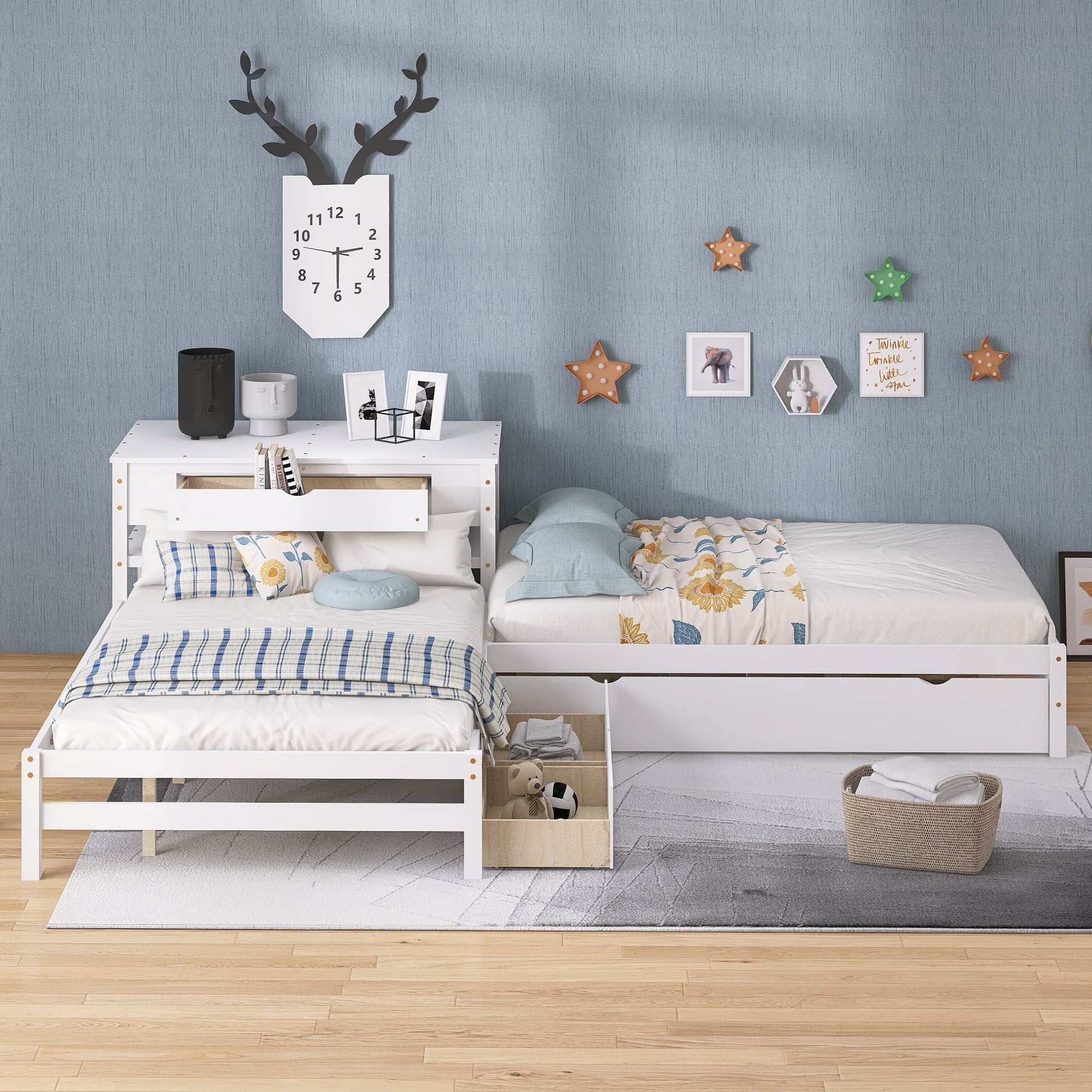 Full L-Shaped Platform Beds with Trundle, Drawers and Table for Kids Bedroom, White