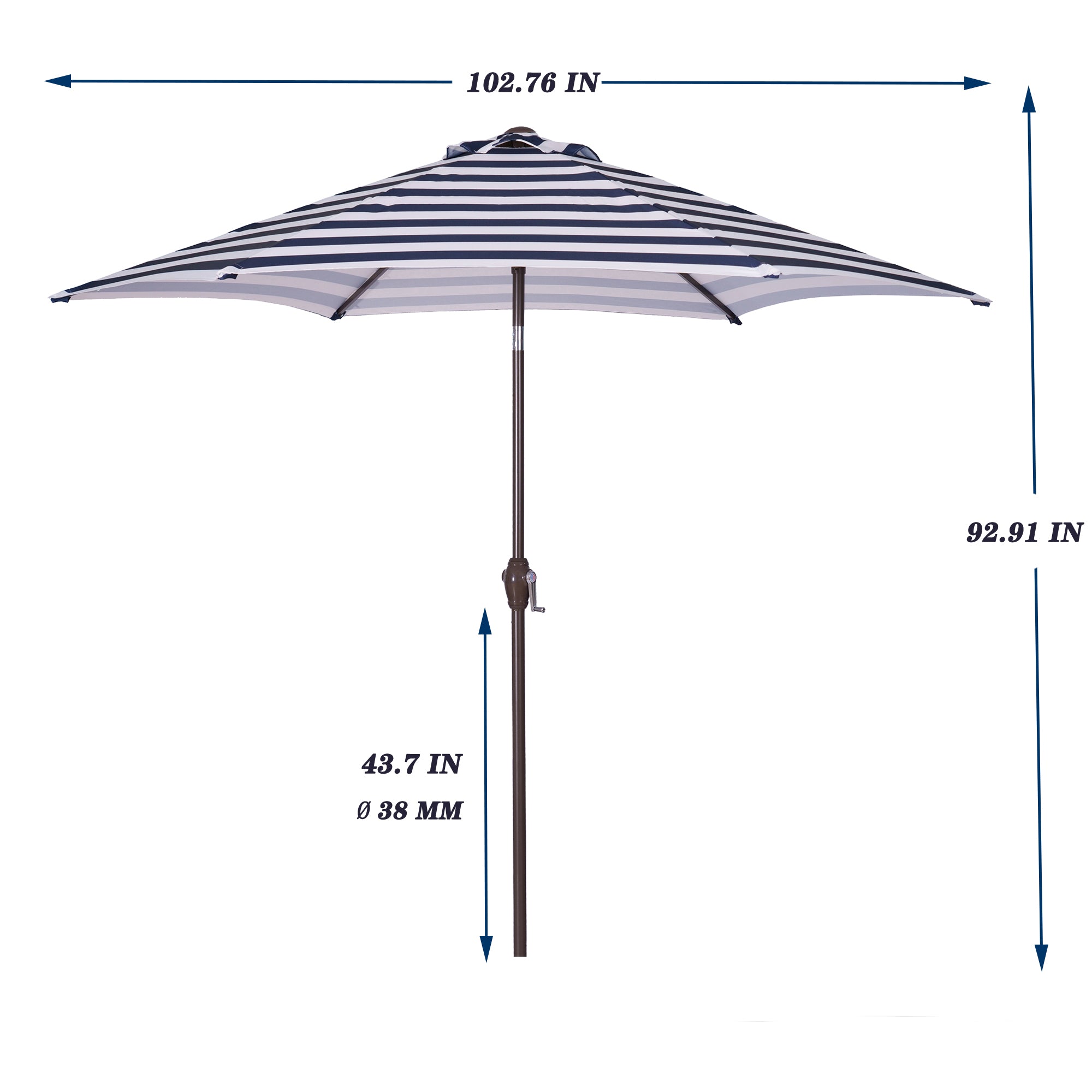 8.6FT Outdoor Solar Umbrella, Striped Patio Umbrella, Table Market Umbrella with Tilt and Crank for Garden, Deck, Backyard, Pool, and Beach, Blue White