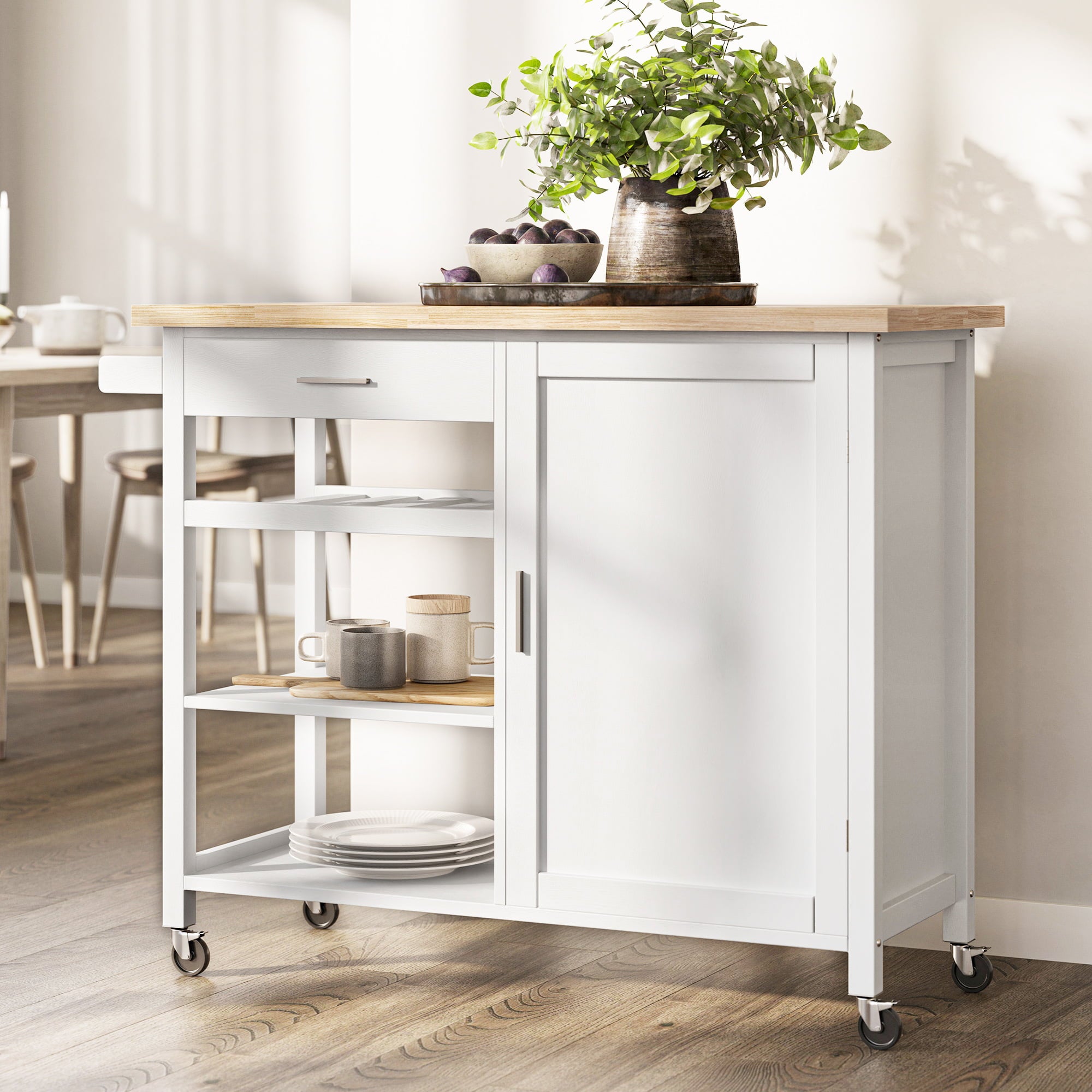 BELLEZE Rolling Kitchen Island Utility Cart with a Drawer- Sonoma (White)