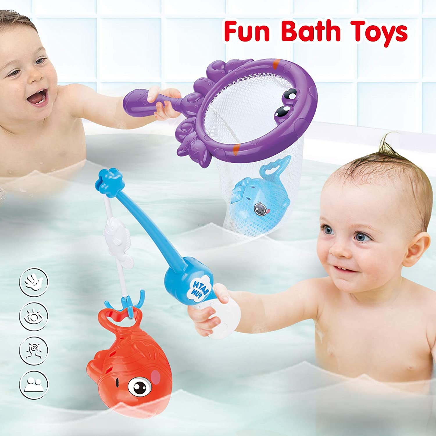 Baby Bath Fishing Toys， Bathtub Pool Toys Set with Fishing Pole and Net， Bath Toys for 1 Year Old Toddler Boys Girls