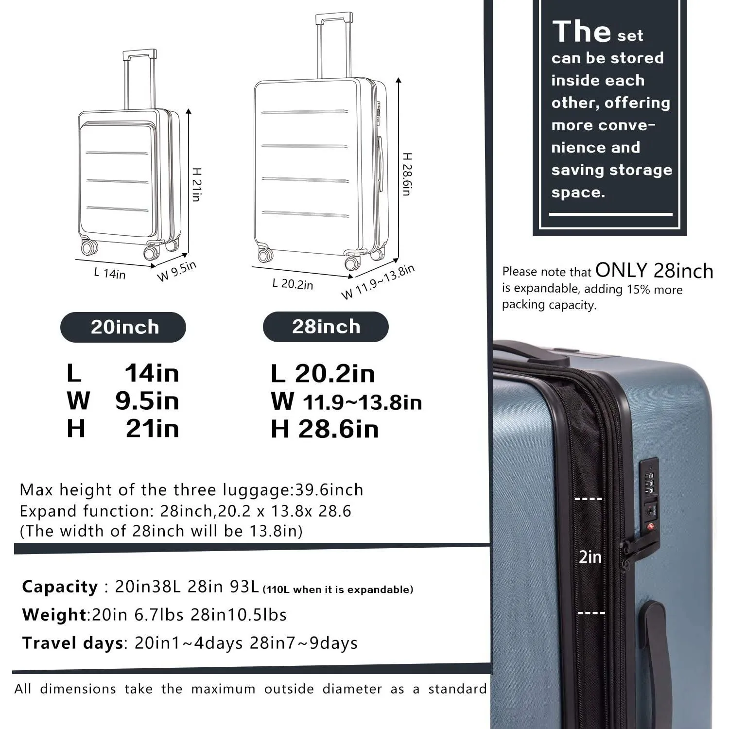 Luggage Suitcase Piece Set Carry On ABS+PC Spinner Trolley with pocket Compartment Weekend Bag