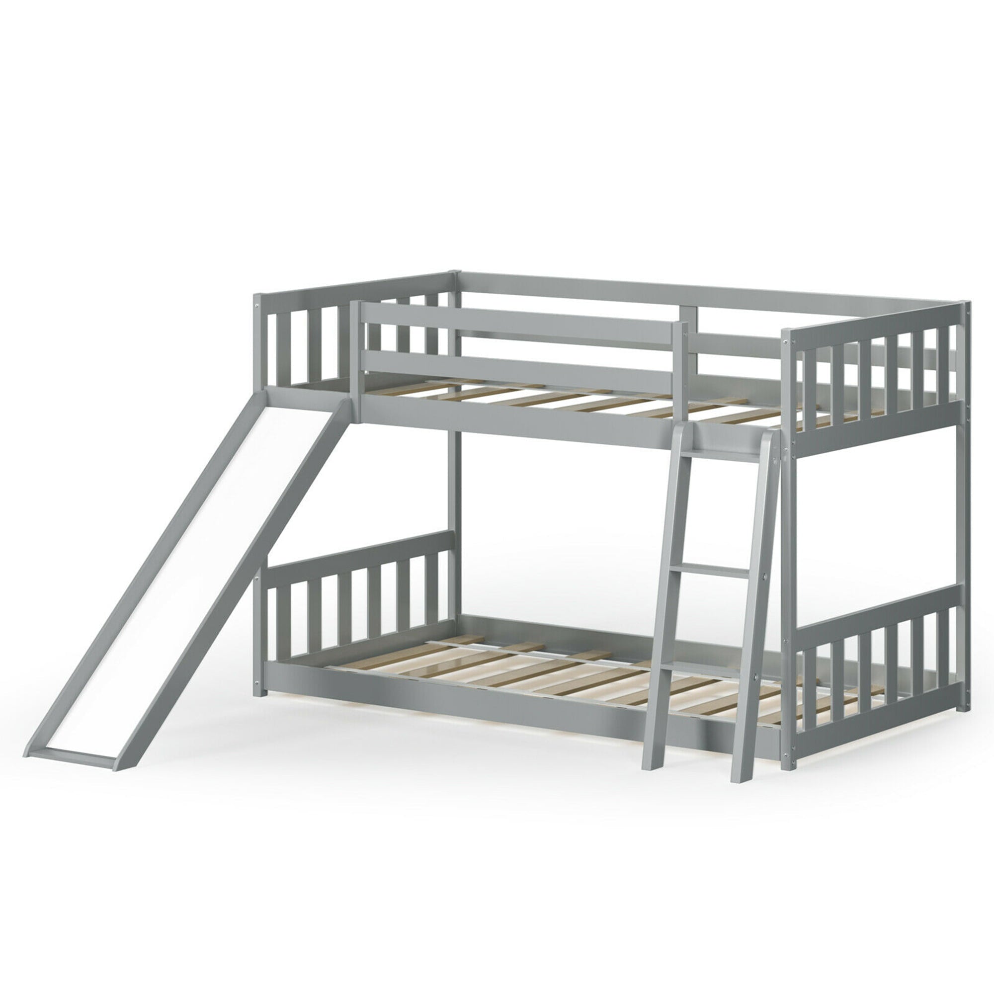 Gymax Twin over Twin Bunk Wooden Low Bed with Slide Ladder for Kids Grey