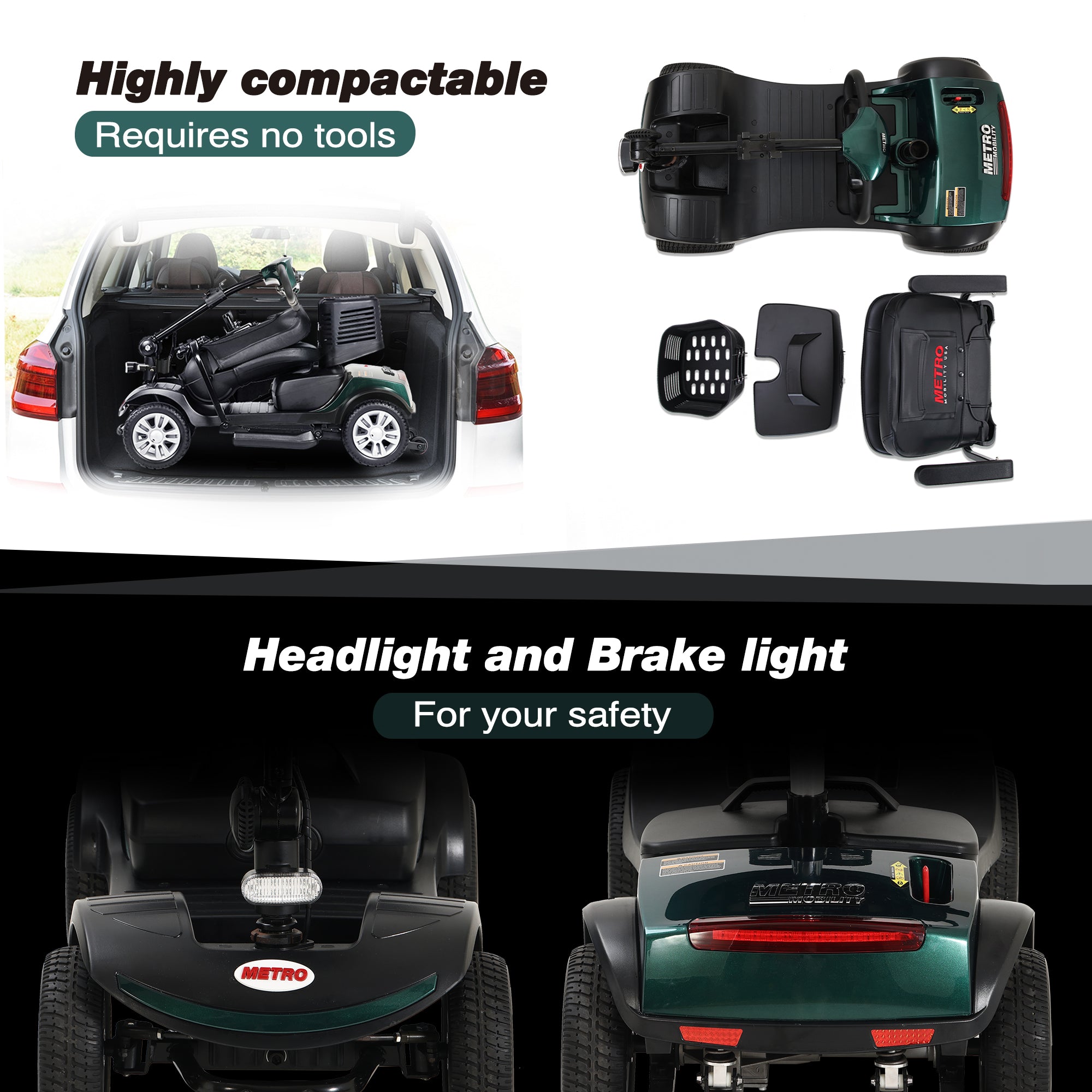 Folding 4 Wheels Compact Travel Mobility Scooter with Led Light 300W, Electric Powered Wheelchair Device Motor for Adult Elderly -300lbs, Power Extended Battery with Charger and Basket, Emerald