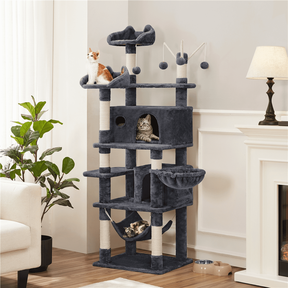 Easyfashion 67'' H Multi-Level Cat Tree Cat Tower with Condos， Dark Gray