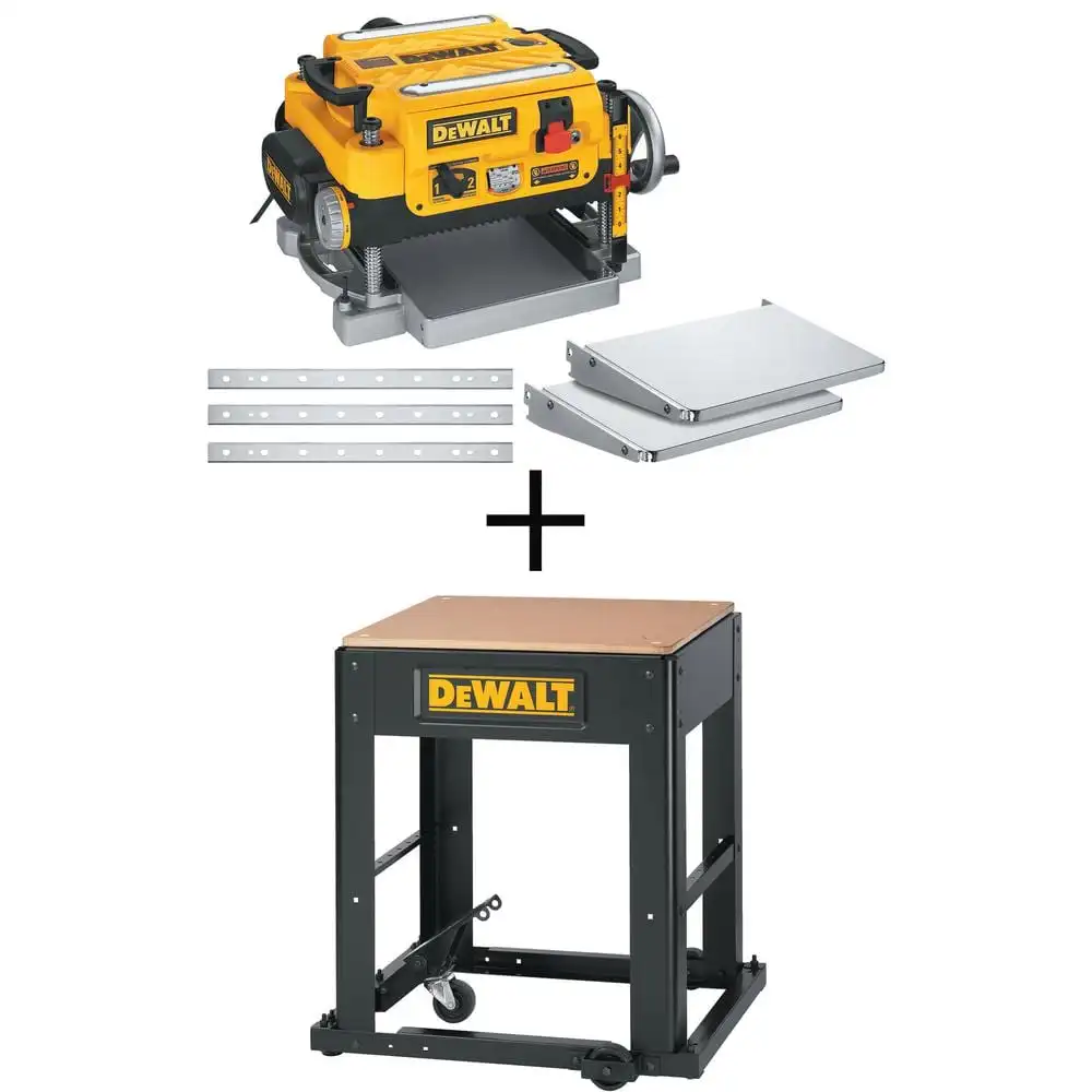DEWALT 15 Amp 13 in. Corded Heavy-Duty Thickness Planer, (3) Knives, In/Out Feed Tables, and Mobile Thickness Planer Stand DW735XW7350