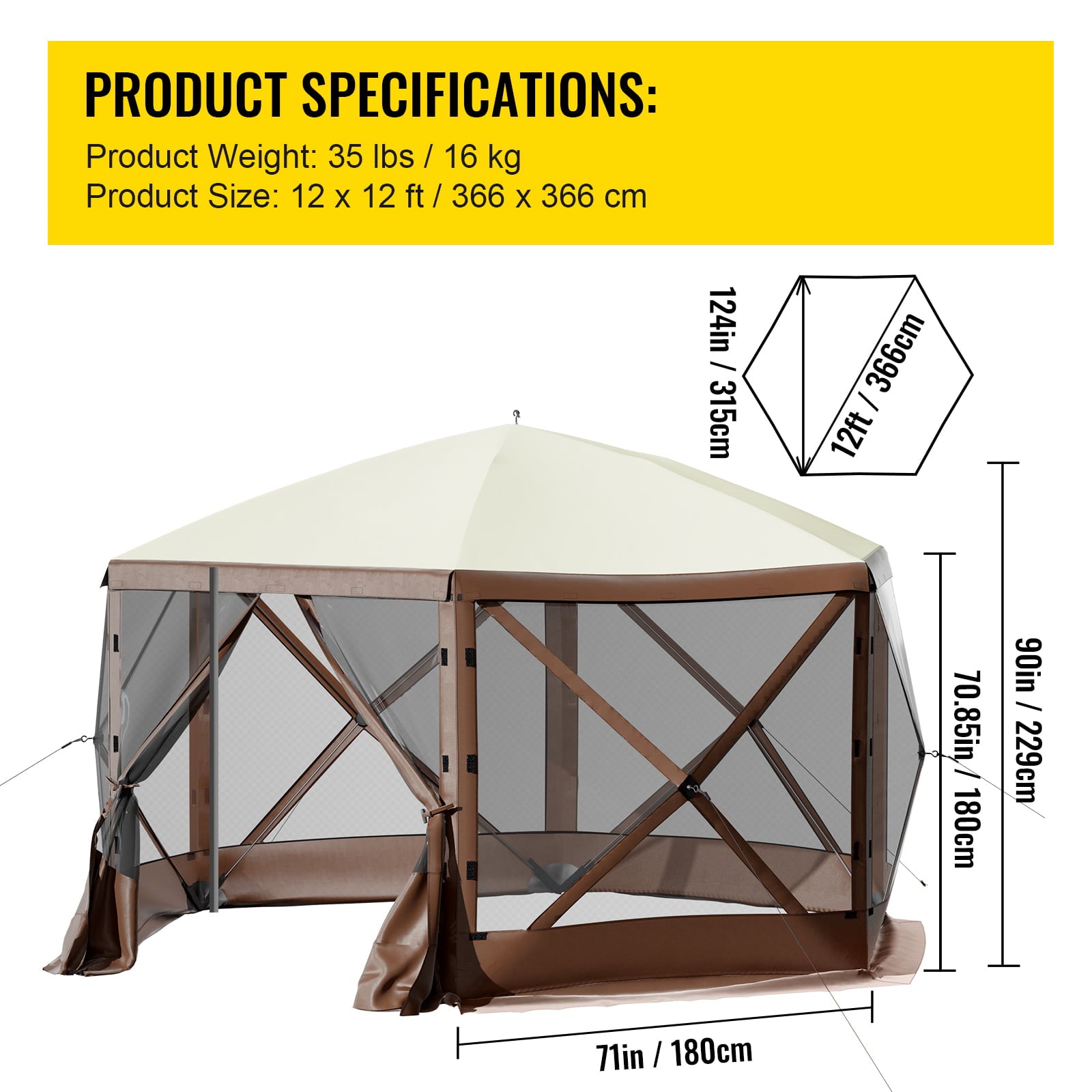 VEVORbrand Camping Gazebo Tent, 12'x12', 6 Sided Pop-up Canopy Screen Tent for 8 Person Camping, Waterproof Screen Shelter w/Portable Storage Bag, Ground Stakes, Mesh Windows, Brown & Beige