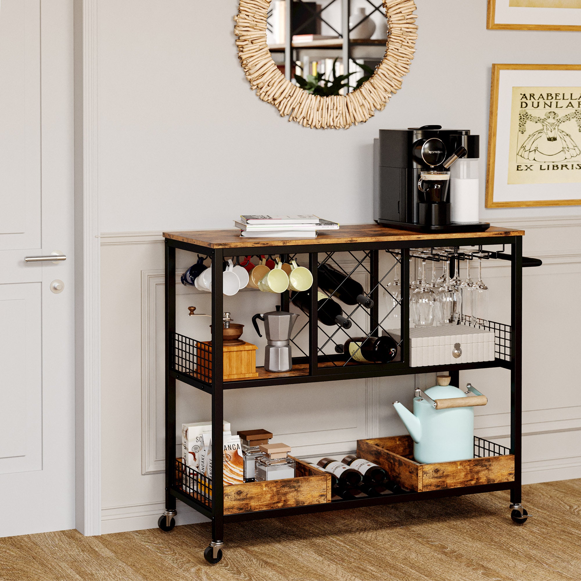 IRONCK Wine Rack Table， Industrial Bar Cart on Wheels Kitchen Storage Cart for the Home， Rustic Brown
