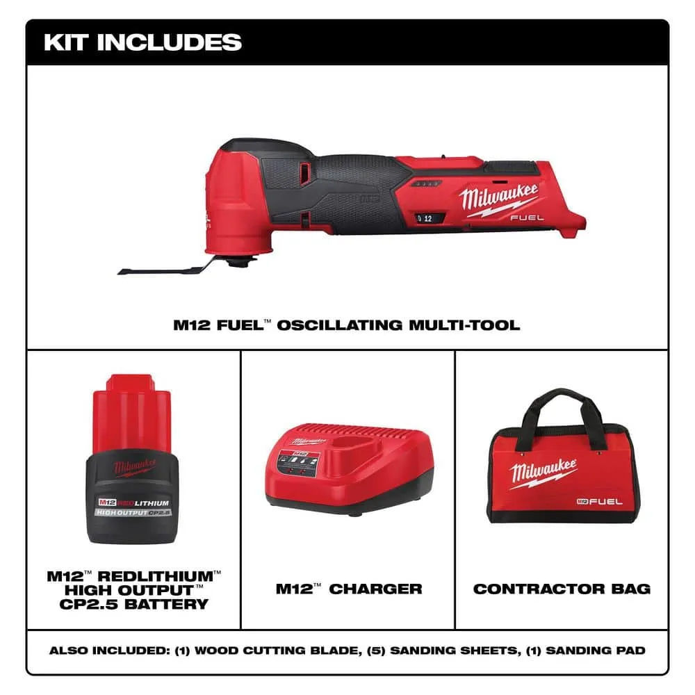 Milwaukee M12 FUEL 12V Lithium-Ion Cordless Oscillating Multi-Tool Kit w/High Output 2.5 Ah Battery, Charger, Accessories & Bag 2526-21HO