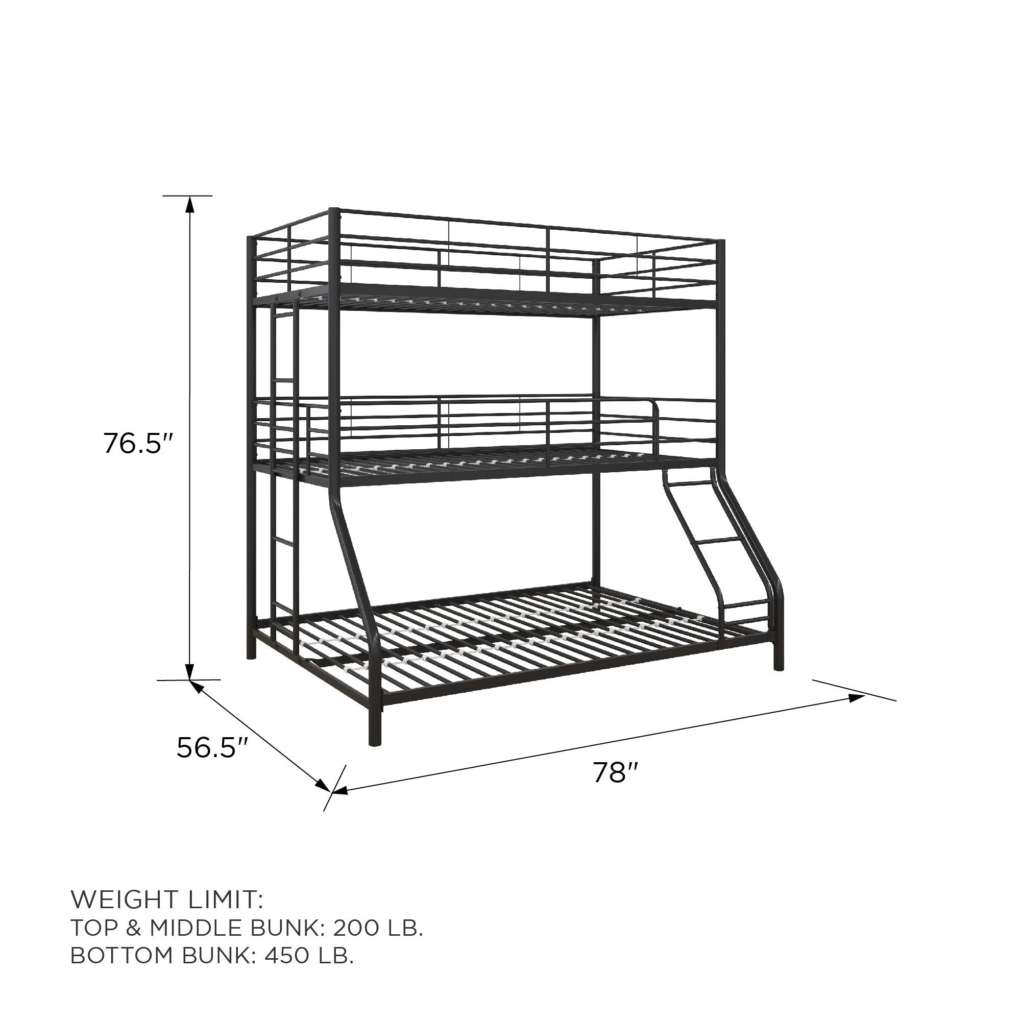 DHP Everleigh Triple Metal Bunk Bed, Twin/Twin/Full, Bed for Kids, Black