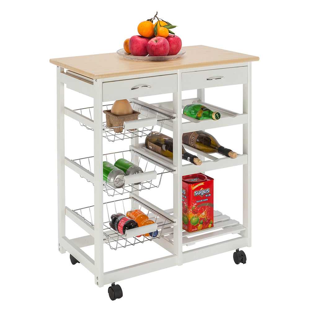 Kitchen Island Cart Trolley， Sturdy Microwave Oven Stand Storage Cart on Wheel with 2 Drawers， 3 Metal Baskets， 3 Shelf Panels， Heavy Duty Utility Carts， Rolling Cart Holds up to 220 lbs， Q3534