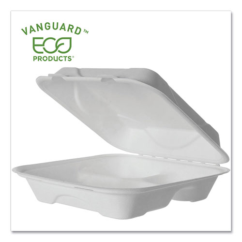 Eco-Products Vanguard Renewable and Compostable Sugarcane Clamshells | 3-Compartment， 9 x 9 x 3， White， 200