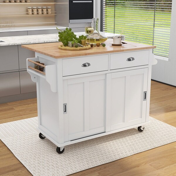 Kitchen Cart with Rubber Wood Drop-Leaf Countertop， Kitchen Island on 4 Wheels with Storage Cabinet and 2 Drawers - - 36627916