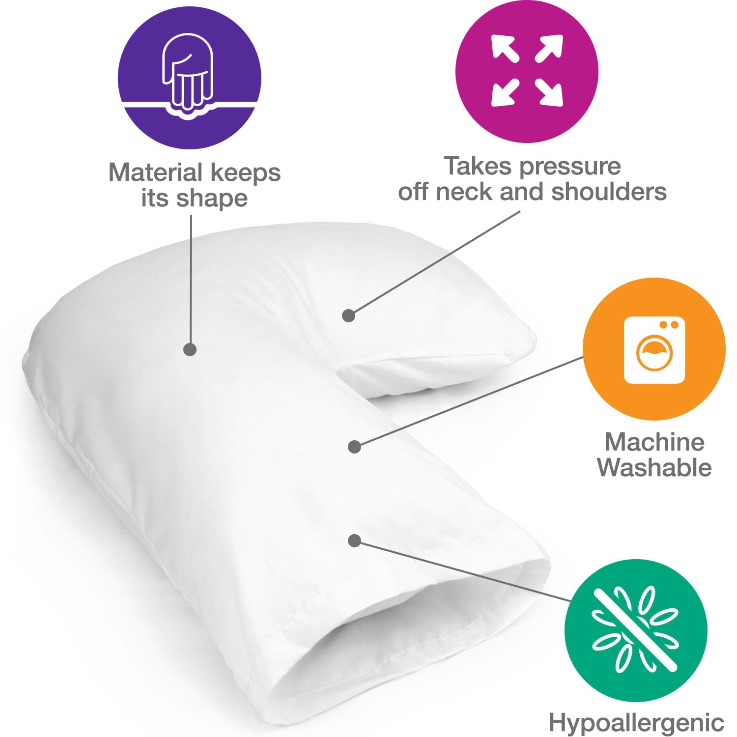 DMI U Shaped Polyester Contour Body Pillow Great for Side Sleeping, Neck Pain, Cervical Support & Pregnancy, Hypoallergenic With Machine Washable Cover