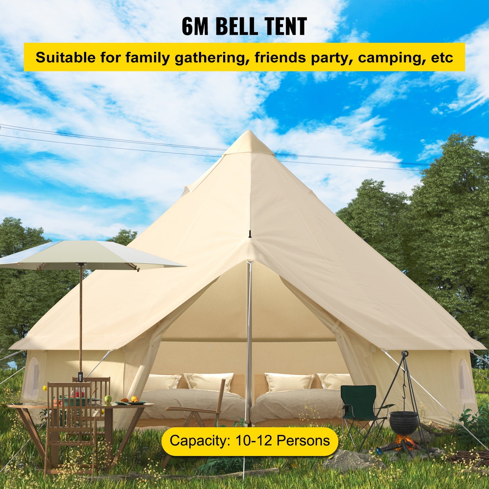 VEVORbrand Canvas Bell Tent 19.7ft Cotton Canvas Tent with Wall Stove Jacket Glamping Tent Waterproof Bell Tent for Family Camping Outdoor Hunting in 4 Seasons