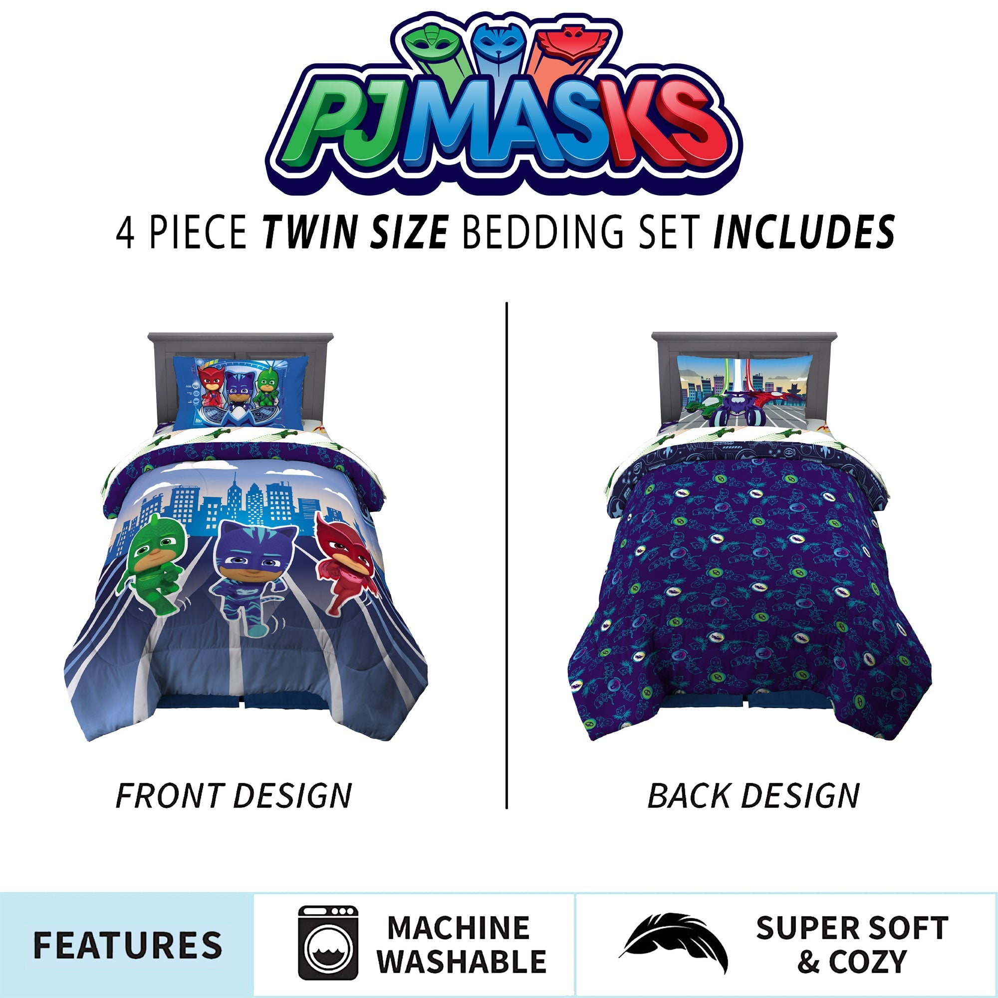 PJ Masks Kids Twin Bed in a Bag, Comforter and Sheets, Blue, Hasbro