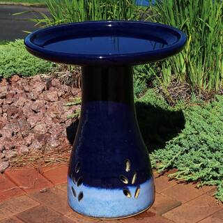 Sunnydaze Decor Classic Dark Blue Ceramic Outdoor Bird Bath， UV/Frost Resistant AP-398