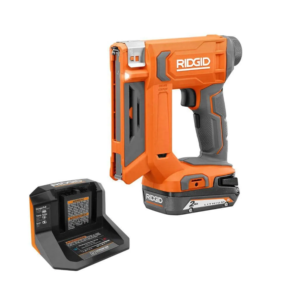 RIDGID 18V Cordless 3/8 in. Crown Stapler Kit with 2.0 Ah Battery and Charger R09897KN