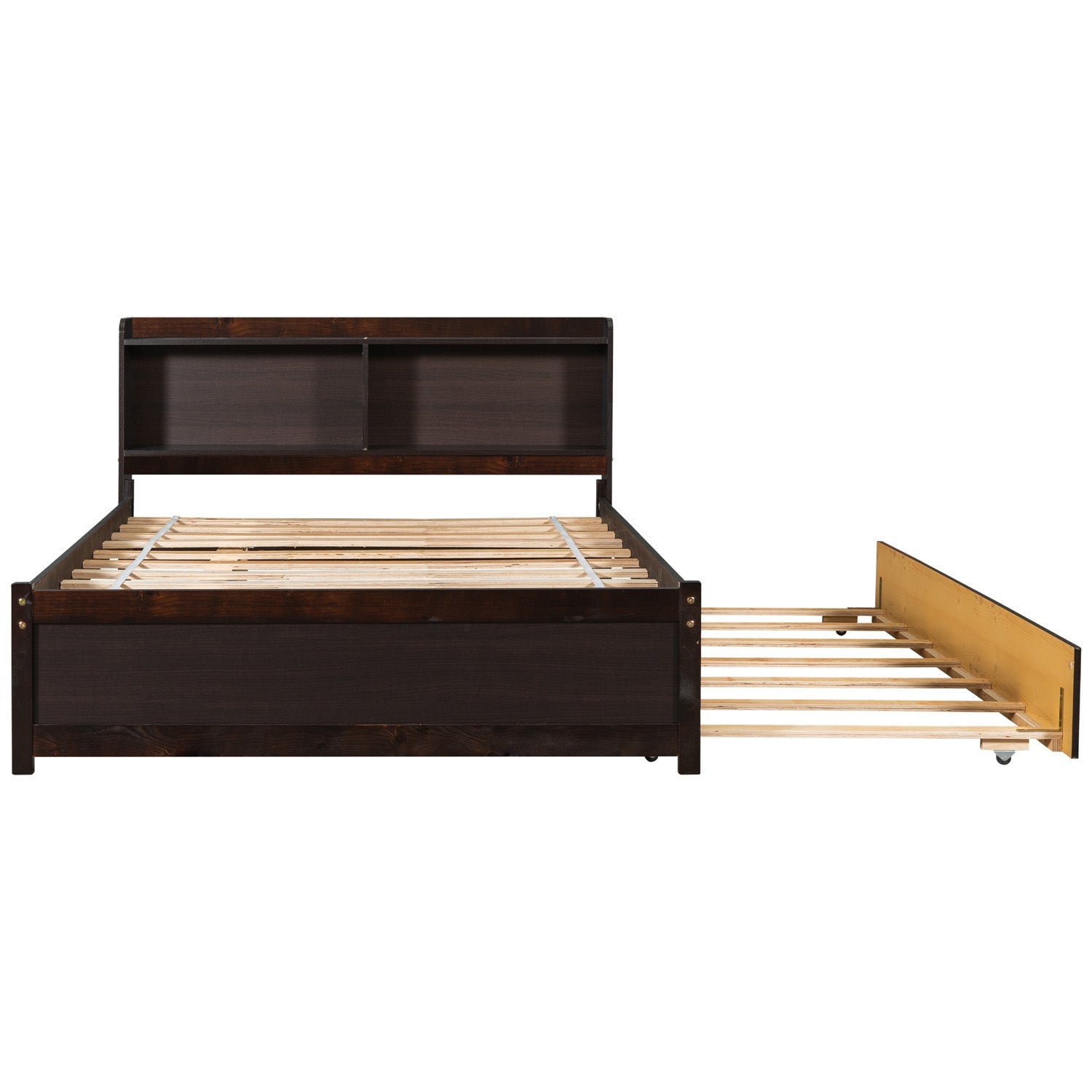 SYNGAR Full Bed Frame with Storage and Trundle for Teens Adults, Espresso Trundle Full Bed Frame with Bookcase Headboard, Solid wood, Easy to Assemble, No Box Spring Needed