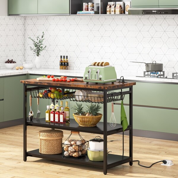 Kitchen Island with Storage， Industrial Island Table with Power Outlets and Wire Baskets， 3 tier Microwave Oven Stand - - 36964027