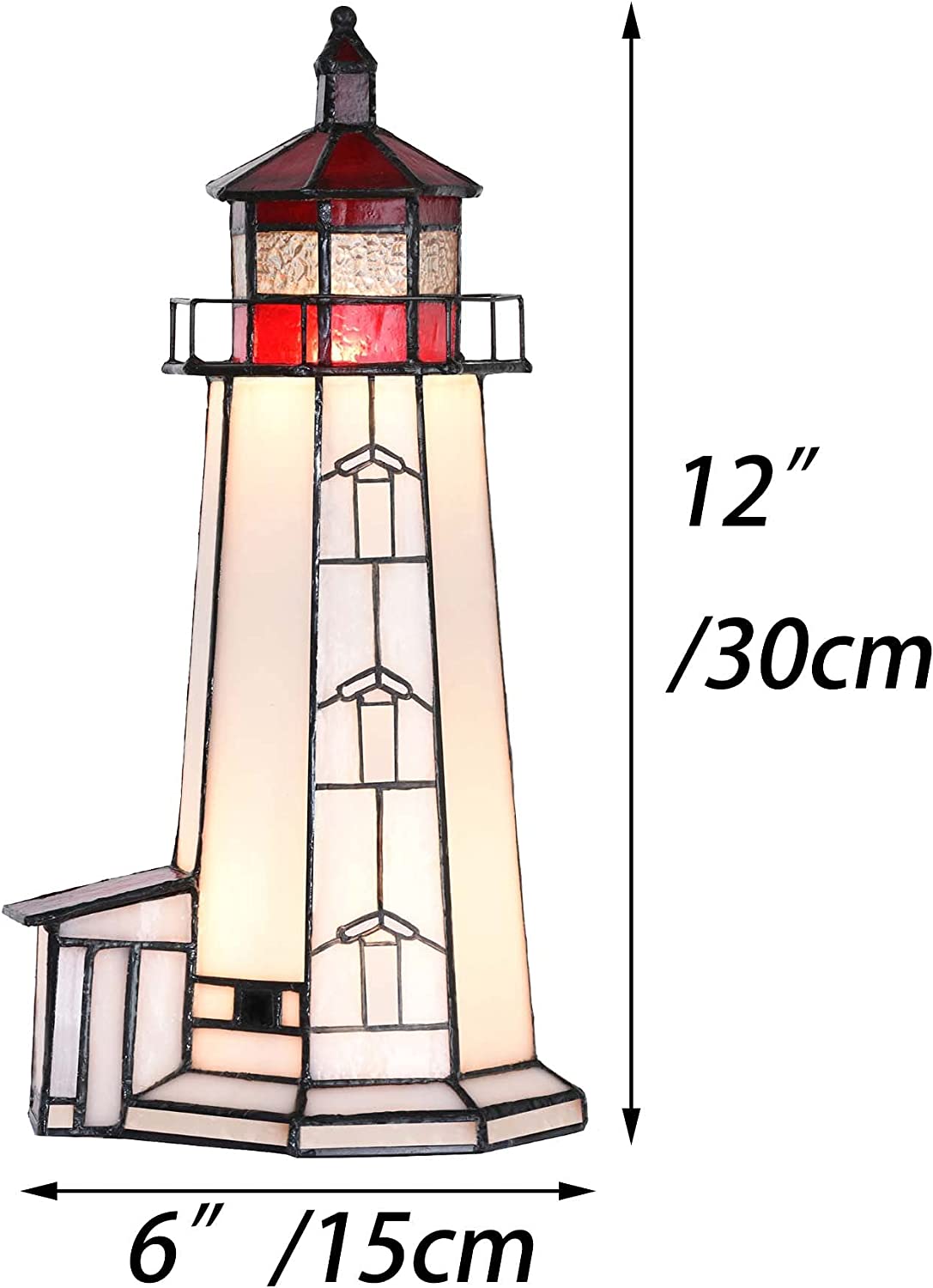 SHADY L10770 Peggy&#39;s Point Lighthouse  Style Stained Glass Accent Table Lamp Night Light  12-inches Tall