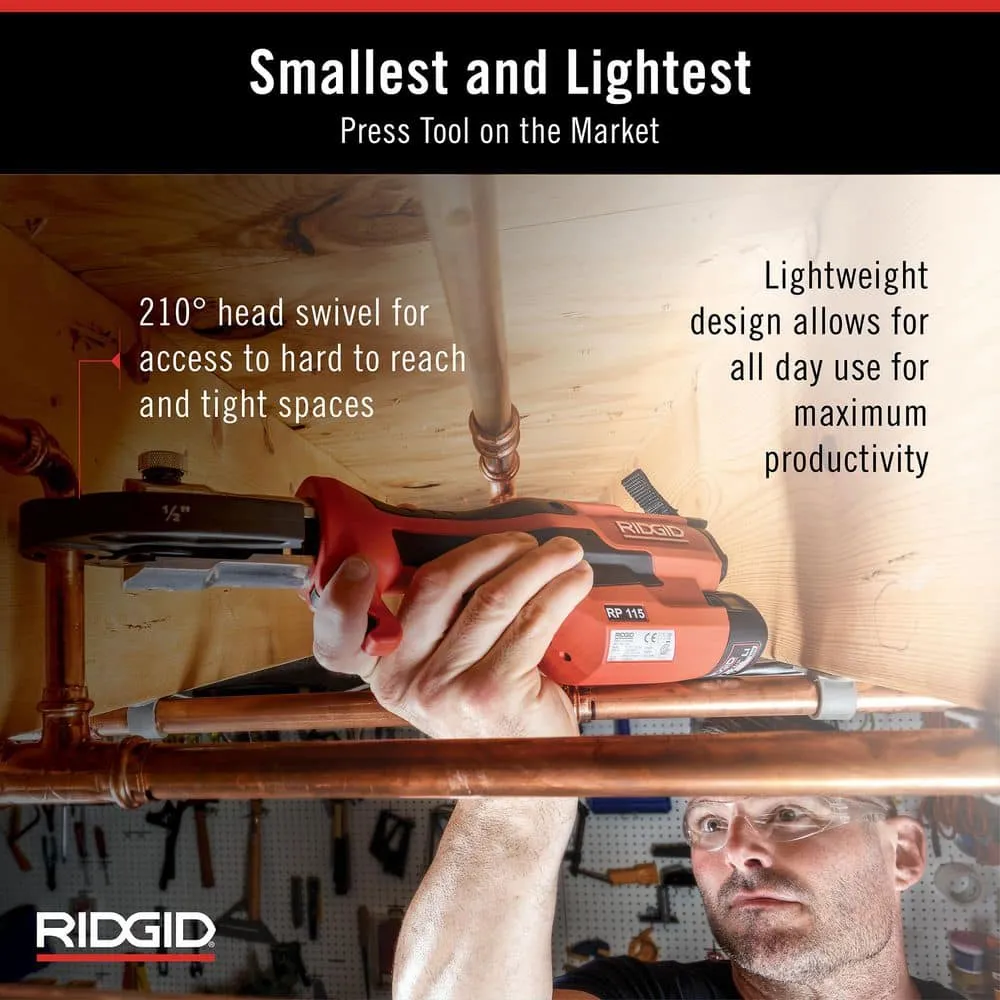 RIDGID RP 115 Mini Press Tool Kit for 1/2 in. - 3/4 in. Copper & Stainless Fittings with 12V Li-Ion Battery (Includes 6 Items) 72553