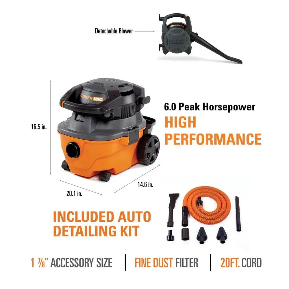 RIDGID 4 Gal. 6.0 Peak HP Wet/Dry Shop Vacuum with Detachable Blower, Fine Dust Filter, Hose, Accessories and Car Cleaning Kit WD4080A