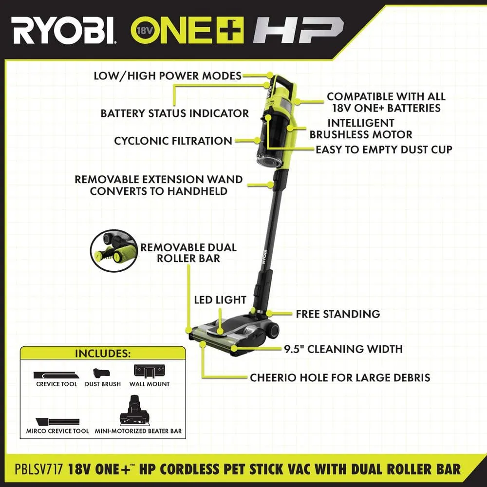 RYOBI ONE+ HP 18V Brushless Cordless Pet Stick Vac with Kit with Dual-Roller, 4.0 Ah HIGH PERFORMANCE Battery, and Charger PBLSV717K