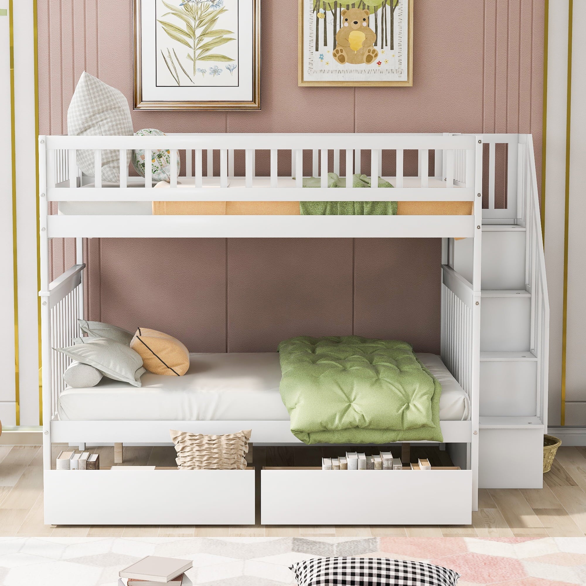 Euroco Full Over Full Bunk Bed with Storage Shelves and Drawers for Kid's Room