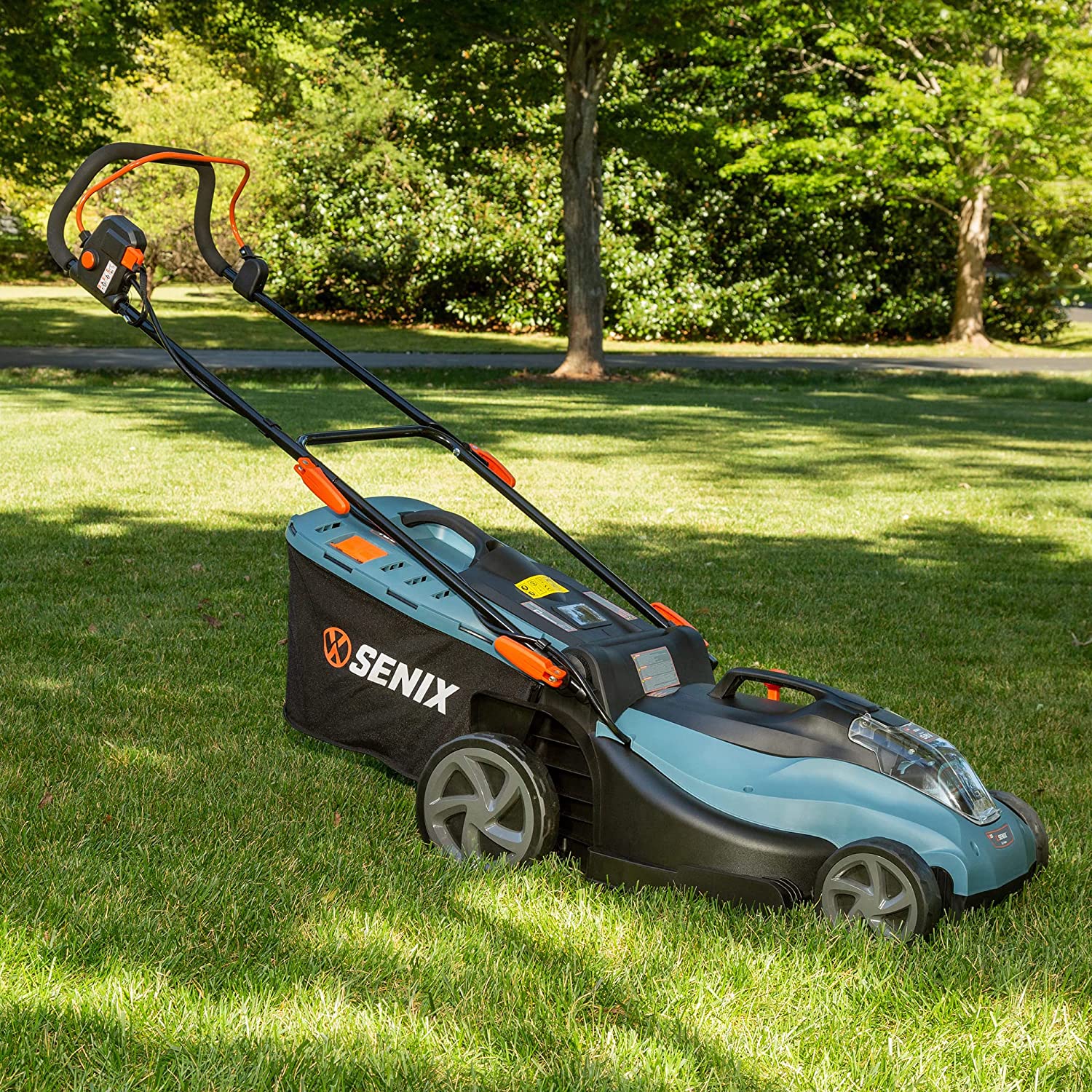SENIX Electric Lawn Mower， 15-Inch， 58V Max* Cordless Lawn Mower with Brushless Motor， 6-Position Height Adjustment， 2.5Ah Lithium Ion Battery and Charger Included， LPPX5-L， Blue