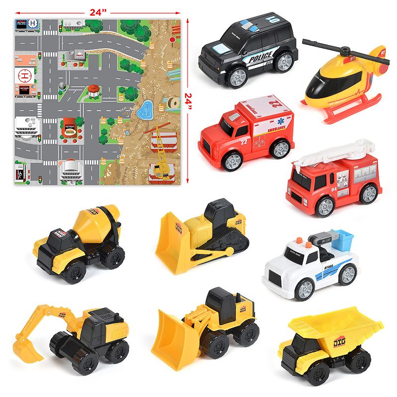 Maxx Action 10-Pack Mini Rescue and Construction Cars and Play Mat Set