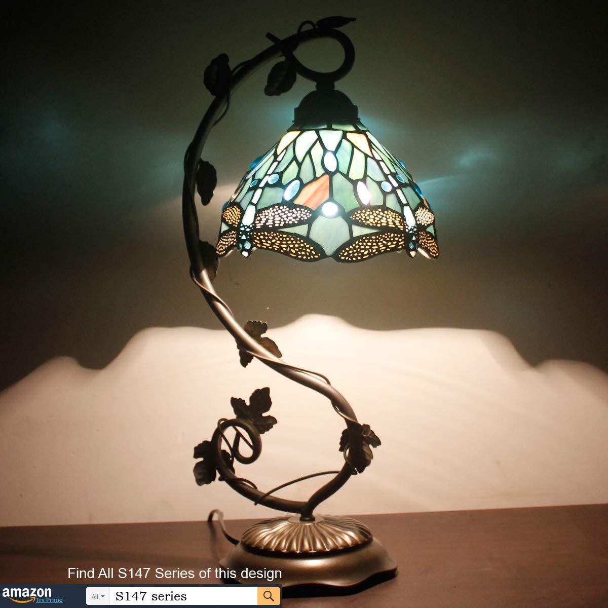 SHADY  Lamp Sea Blue Stained Glass Dragonfly Style Desk Reading Light  Metal Leaf Table Lamp Base 8X10X21 Inches Decor Small Space Bedside Bedroom Home Office S147 Series