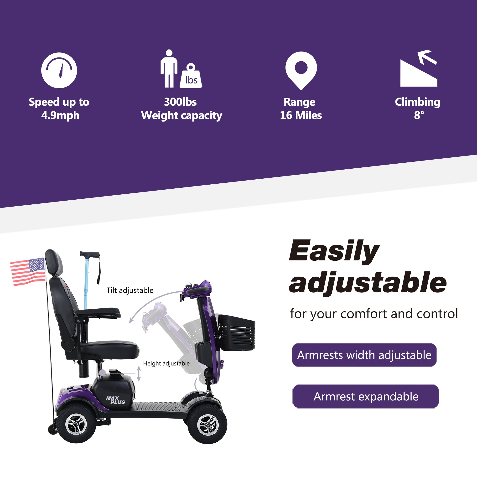 4 Wheels Mobility Scooter for Seniors Adults,LED Lights USB Port Long Range ,Purple